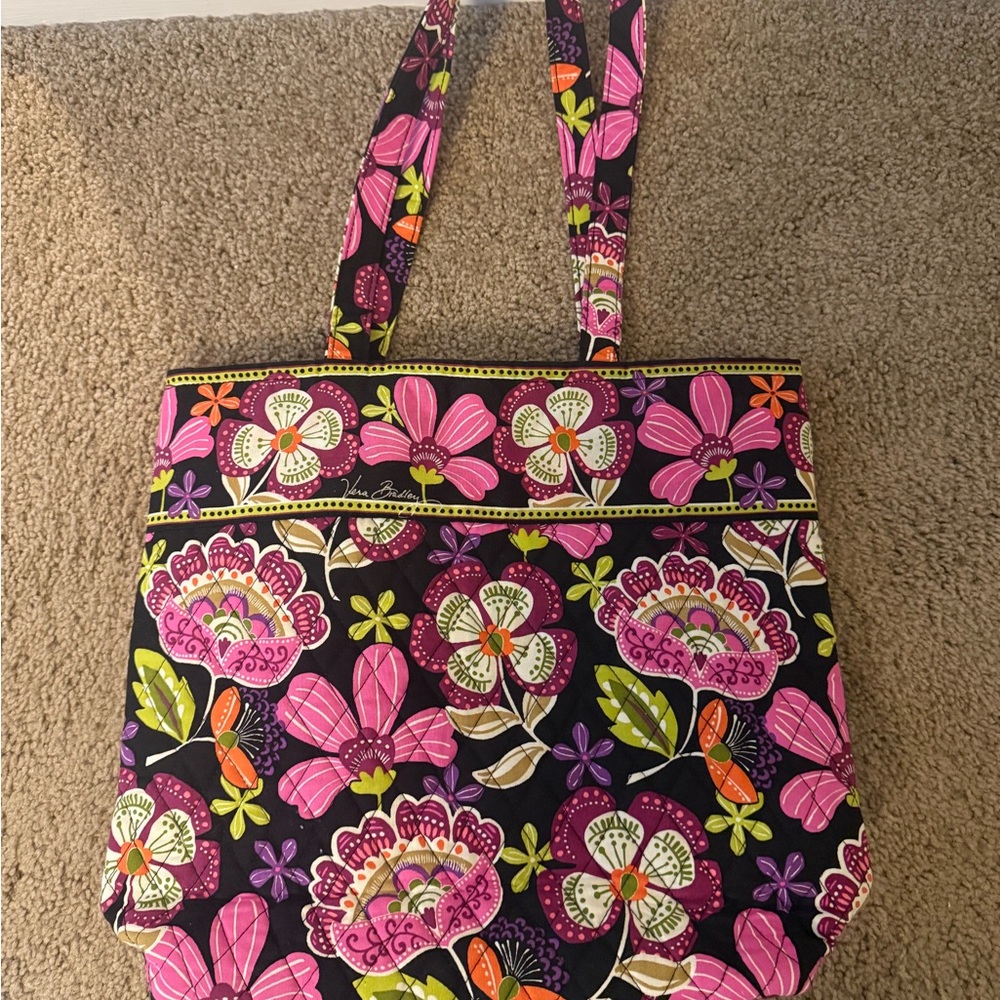 Vera Bradley Black Floral Quilted Tote with Pink, Green and Orange Accents
